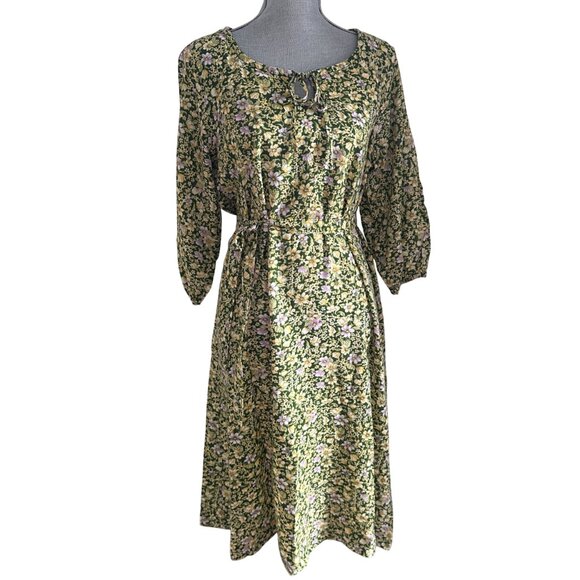 Vintage Prairie Boho Western Midi Dress - Dizy Floral Green/Yellow/Pink - Picture 1 of 10
